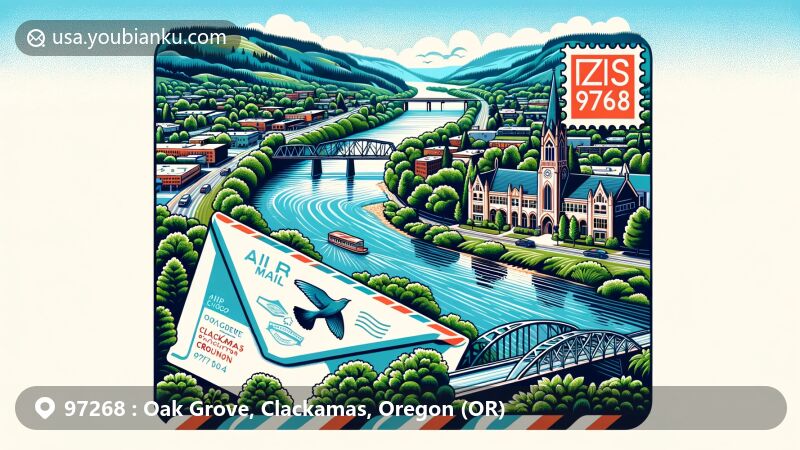 Modern illustration of Oak Grove, Clackamas County, Oregon, featuring scenic beauty and a postal theme with ZIP code 97268. Willamette River and Oak Grove Fork Clackamas River flow through the lush green environment. Concord School drawing symbolizes rich history and educational heritage. Postal elements like stamp and postmark with Oregon symbols.