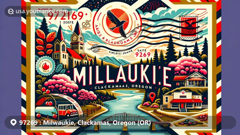 Modern illustration of Milwaukie, Clackamas, Oregon, showcasing postal theme with ZIP code 97269, featuring Willamette River, Dogwood trees, and Bing cherry.