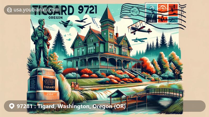 Modern illustration of Tigard area in Oregon, showcasing John W. Tigard House with Victorian architecture, Oregon Korean War Memorial, Cook Park's greenery, Fanno Creek Trail's natural beauty, and postal theme with ZIP code 97281.