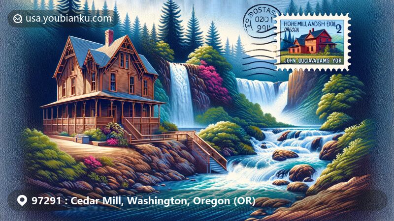 Vibrant illustration of Cedar Mill, Oregon, portraying postal theme with Cedar Mill Falls waterfall, historic John Quincy Adams Young House, and ZIP Code 97291.