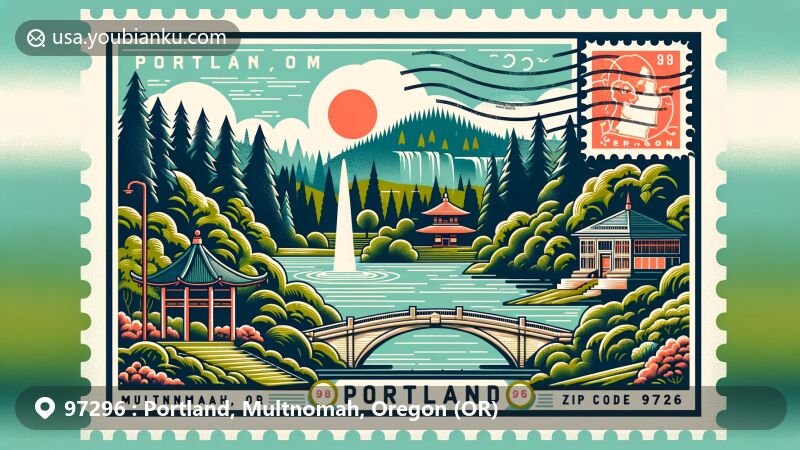 Modern illustration of Portland, Multnomah, Oregon, showcasing iconic landmarks and postal elements, featuring Washington Park, Japanese Garden, Multnomah Falls, and Portland's iconic bridge.