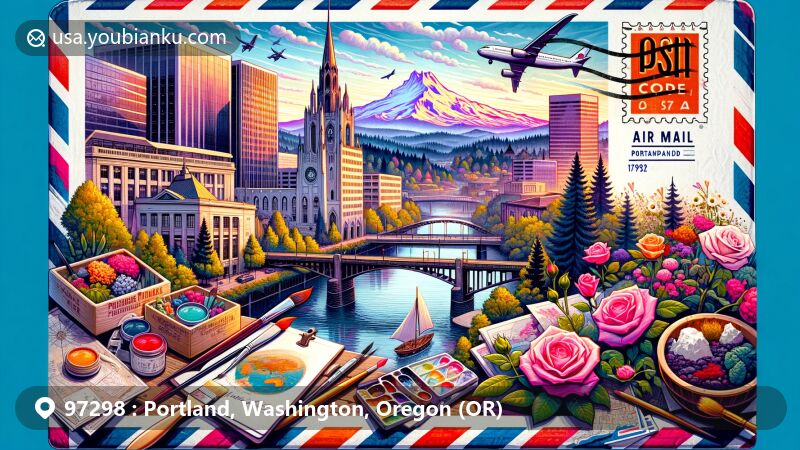 Modern illustration of Portland, Oregon, showcasing postal theme with ZIP code 97298, featuring iconic landmarks like the Rose Test Garden, Powell’s City of Books, St. Johns Bridge, and Mount Hood, as well as nods to the arts scene and coffee culture.
