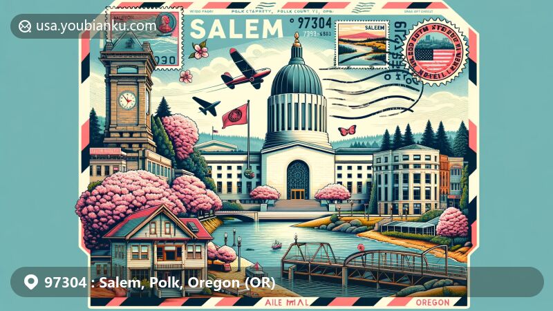 Modern illustration of Salem, Polk County, Oregon, with ZIP code 97304, featuring Oregon State Capitol building, Willamette River, cherry blossoms, Jason Lee site, vintage airmail envelope, stamps, and postmark.
