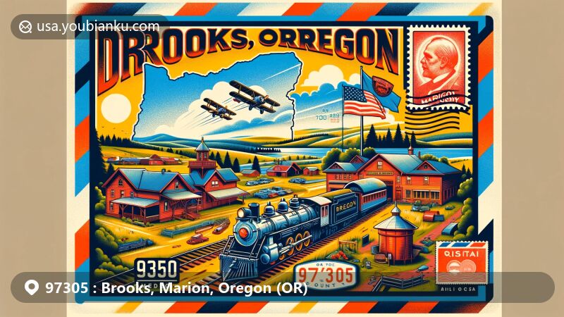 Modern illustration of Brooks, Oregon, highlighting postal theme with ZIP code 97305, featuring Powerland Heritage Park and Marion County outline, alongside Oregon state flag. Includes postal stamp, postmark, and airmail-inspired border.