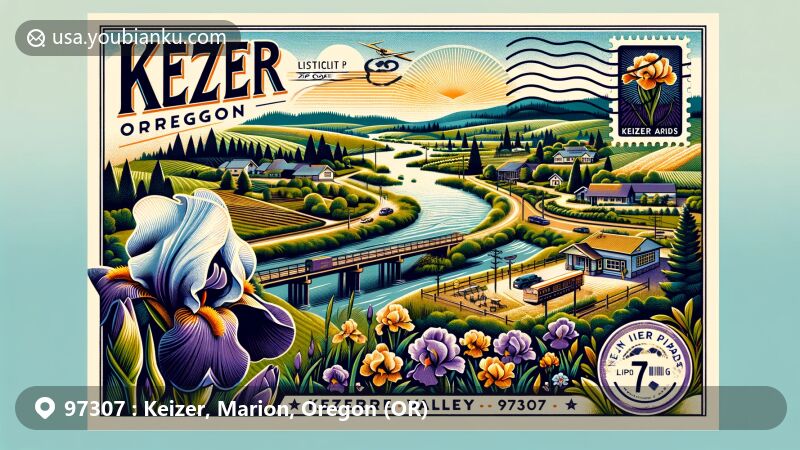 Modern illustration of Keizer, Oregon, featuring ZIP code 97307, showcasing picturesque Willamette Valley, Keizer Rapids Park with nature trails and disc golf, highlighting annual Keizer Iris Festival.