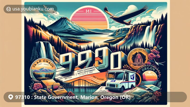 Modern illustration of Marion, Oregon, State Government area with ZIP code 97310, featuring Crater Lake, Multnomah Falls, and Haystack Rock, symbols of Oregon's diverse landscapes and postal elements in vintage postcard style.