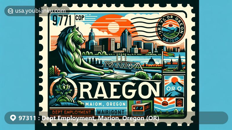 Modern illustration of ZIP code 97311, Marion County, Oregon, showcasing Dept Employment and city of Salem's landmarks, incorporating postal theme with Oregon state flag and Salem's iconic symbols.