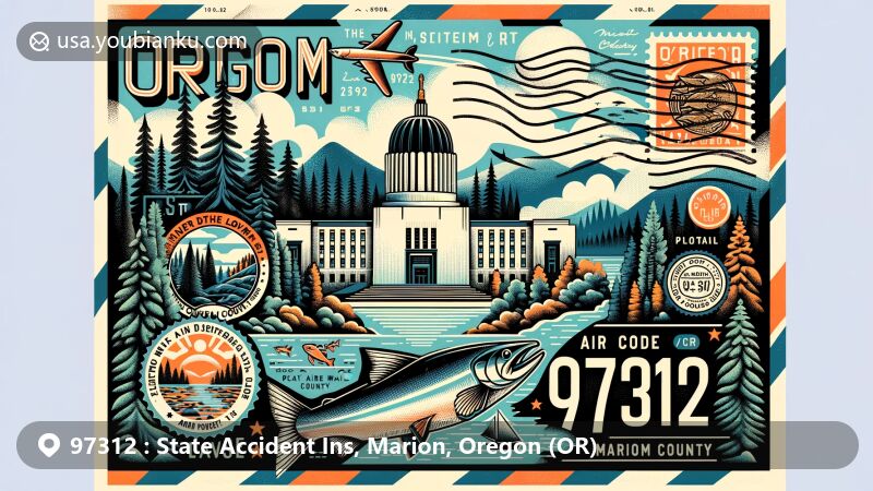Creative illustration of Salem, Marion County, Oregon, highlighting ZIP code 97312 with air mail theme and Oregon State Capitol, featuring local scenery and cultural symbols.