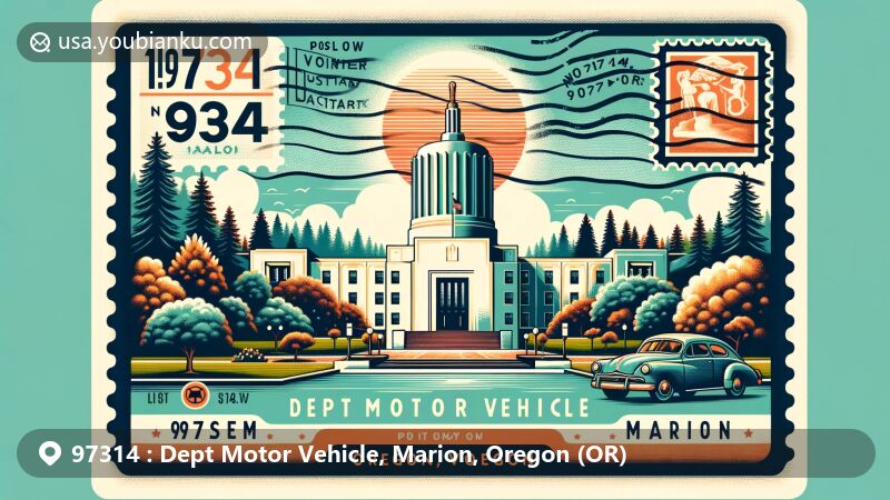 Contemporary illustration of Marion, Oregon ZIP code 97314, featuring Oregon State Capitol and natural scenery, integrating postal and regional elements.