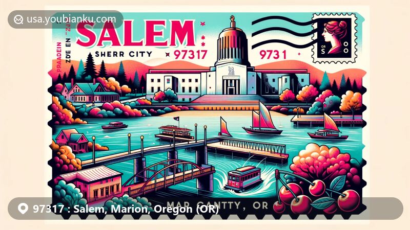 Modern illustration of Salem, Marion County, Oregon (ZIP code 97317), featuring Oregon State Capitol, Willamette River, cherry trees, and postal theme.
