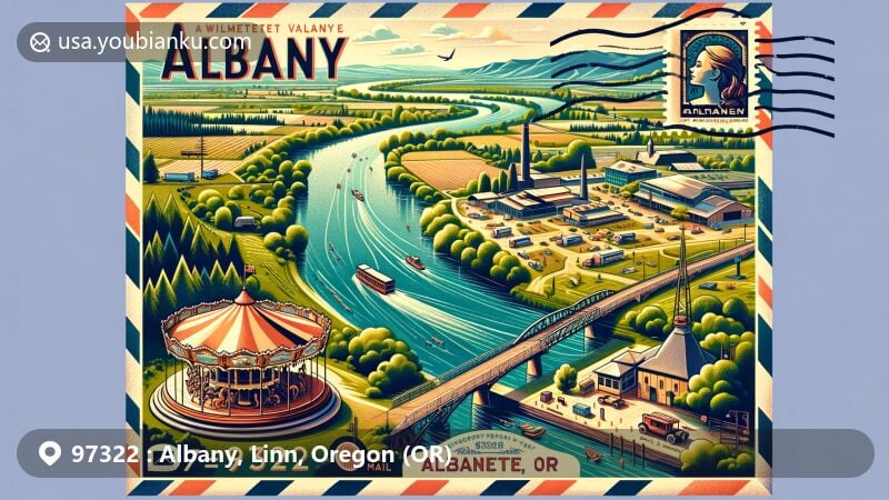 Wide-format illustration of Albany, Oregon, with ZIP code 97322, depicting the confluence of the Calapooia River and the Willamette River, showcasing local culture like the Northwest Art & Air Festival, Albany's agricultural and manufacturing heritage, vintage air mail elements, and the Albany Carousel on a postage stamp.