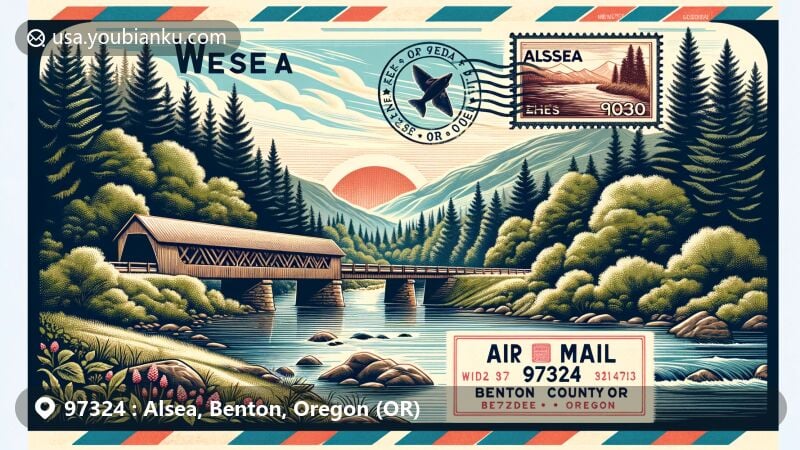 Modern illustration of Alsea, Benton County, Oregon, showcasing postal theme with ZIP code 97324, featuring Alsea River, Hayden Bridge, and serene rural community surrounded by forests and mountains.