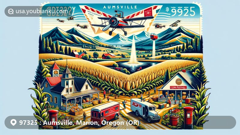 Modern illustration of Aumsville, Oregon, showcasing natural beauty, cultural corn festival, and postal theme with ZIP code 97325.