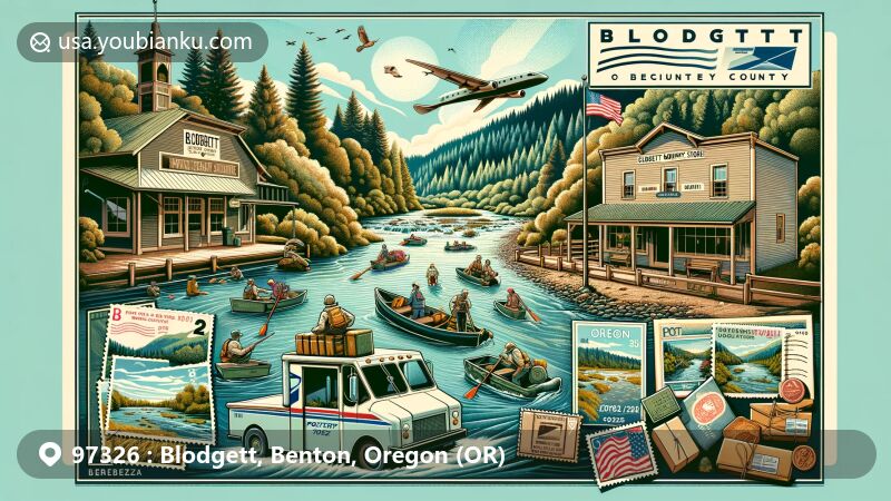 Modern illustration of Blodgett, Oregon, Benton County, showcasing postal theme with ZIP code 97326, featuring iconic Blodgett Country Store and outdoor activities in Willamette Valley.