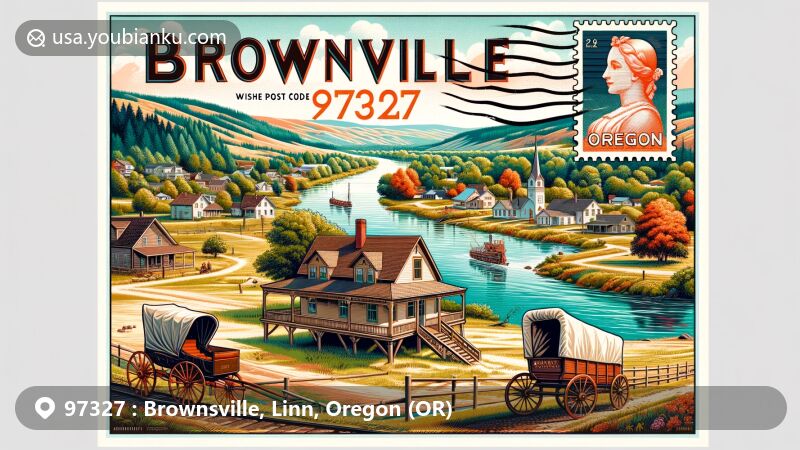 Modern illustration of Brownsville, Oregon, representing ZIP code 97327, featuring Calapooia River, pioneer nods, Moyer House, and postal heritage.