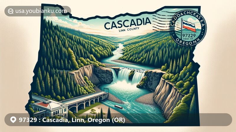 Modern illustration featuring ZIP Code 97329 in Cascadia, Linn County, Oregon, showcasing natural beauty with forests, South Santiam River, Soda Creek Falls, and Short Bridge.