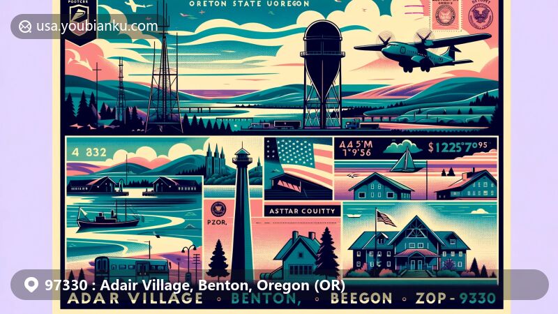 Artistic representation of Adair Village, Benton, Oregon, blending regional and postal themes in 97330 zipcode, showcasing lush Oregon landscapes and historical ties to Camp Adair, Oregon State University, and Cold War radar site, with vintage air mail envelope featuring E. E. Wilson Wildlife Area and landmarks.