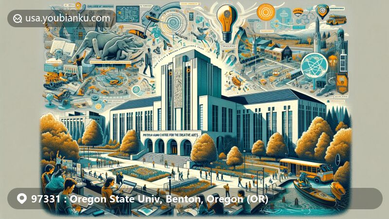 Modern illustration of Oregon State University, highlighting academic and cultural vibrancy in ZIP code 97331, featuring Patricia Valian Reser Center for the Creative Arts and symbolic imagery for various colleges like scientific equipment, business charts, agricultural tools, and engineering structures.