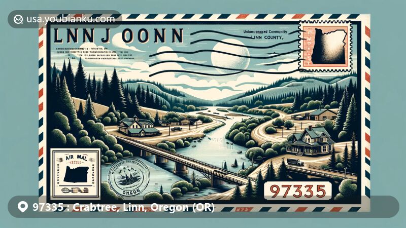 Modern illustration of Crabtree, Linn County, Oregon, representing the serene and rustic charm of this unincorporated community, showcasing its natural landscape and echoes of history like Crabtree Creek and the legacy of pioneer John J. Crabtree. The artwork merges postal elements with vintage postcard design, featuring an airmail envelope border, a stamp with the outline of Oregon, and prominently displayed 