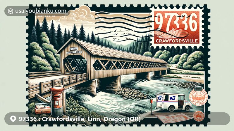 Modern illustration of Crawfordsville, Oregon, showcasing postal theme with ZIP code 97336, featuring the historic Crawfordsville Covered Bridge over Calapooia River and postal service elements.