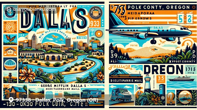 Modern illustration of Dallas, Polk County, Oregon, featuring postal theme with ZIP code 97338, showcasing historical references to George Mifflin Dallas and the impact of railroads, as well as the Mediterranean climate and landmarks like the Dallas Aquatic Center.