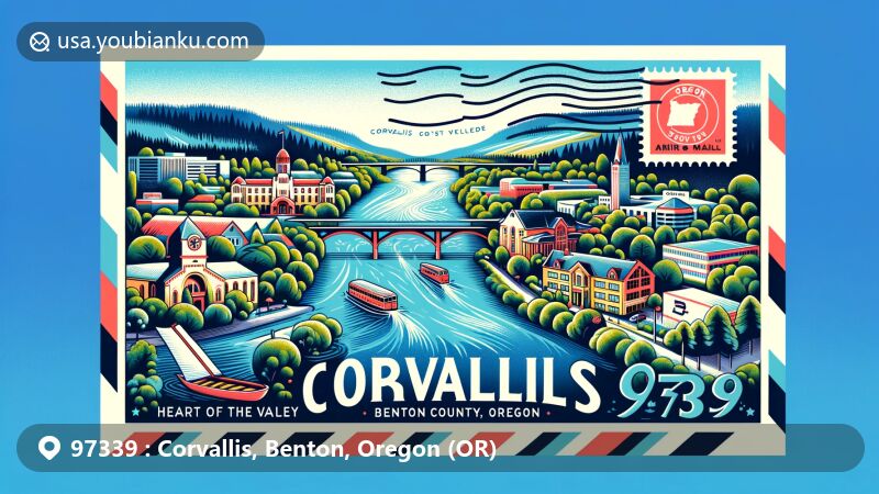 Modern illustration of Corvallis, Benton County, Oregon, featuring a postal theme with ZIP code 97339, showcasing the Willamette River and cultural heritage, including references to the Kalapuya tribe, Oregon State University, and historical landmarks.