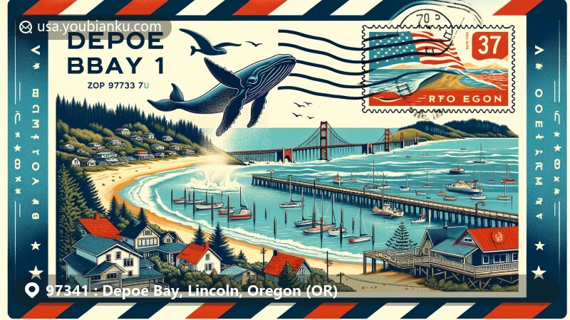 Creative illustration of Depoe Bay, Oregon, with ZIP code 97341, showcasing coastal charm, smallest navigable harbor, ocean views, and whale watching attractions.