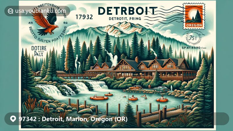 Modern illustration of Detroit, Oregon, Marion County, showcasing Breitenbush Hot Springs Retreat in Willamette National Forest with natural hot spring pools and rustic cabins against backdrop of Oregon's forests and mountain ranges.