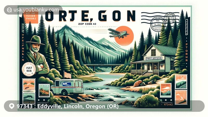 Modern illustration of Eddyville, Oregon, Lincoln County (ZIP code 97343), featuring lush Oregon Coast Range foothills, Yaquina River, and vintage post office facade, reflecting the natural beauty and postal history of Eddyville.