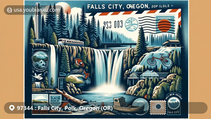 Modern illustration of Falls City, Oregon, featuring Little Luckiamute River Falls, Black Rock Mountain Bike Area, and Valley of the Giants, with a postal theme, including ZIP code 97344 and symbols of climate and Oregon's state flag.