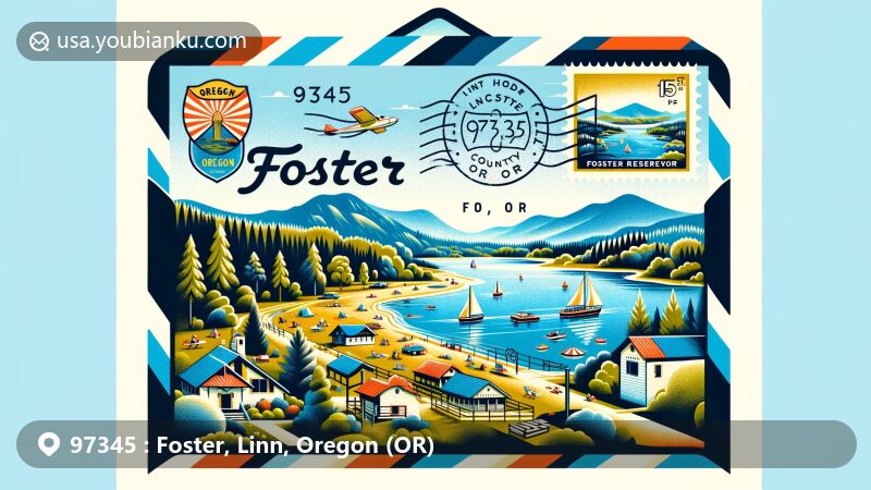 Modern illustration of Foster area in Oregon (ZIP code 97345) featuring Foster Reservoir and state symbols.