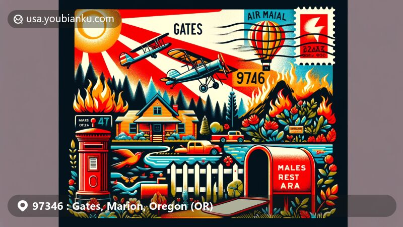 Modern illustration of Gates, Marion County, Oregon, showcasing postal theme with ZIP code 97346, highlighting Maples Rest Area and impact of Beachie Creek Fire.