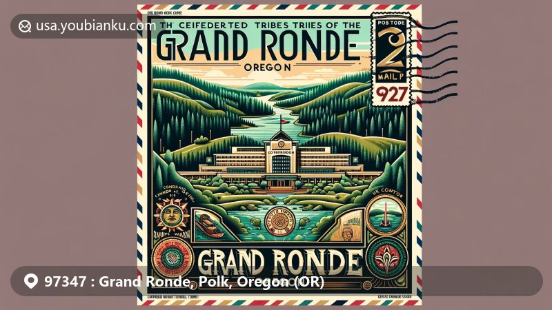 Modern illustration of Grand Ronde, Oregon, showcasing lush rainforest landscape, Spirit Mountain Casino, tribal symbols, vintage air mail envelope with ZIP code 97347, Polk County map outline, and Oregon state flag.