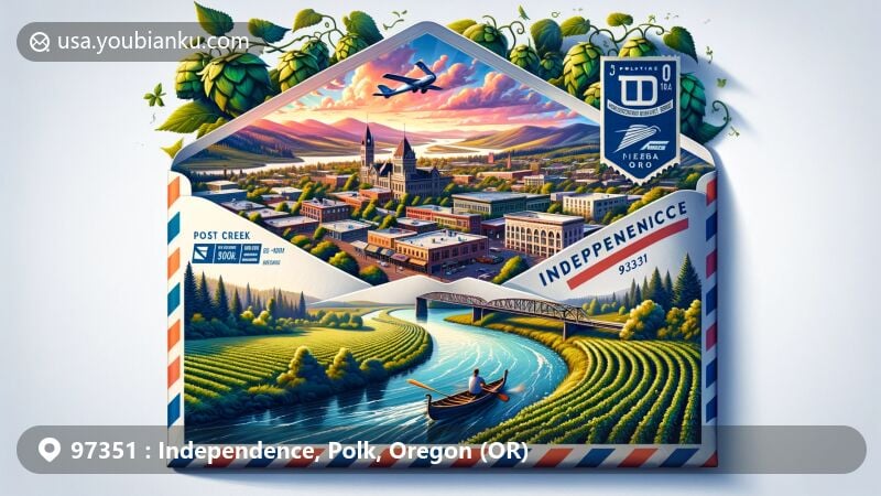 Modern illustration of Independence, Oregon, showcasing postal theme with ZIP code 97351, featuring Willamette River, historic downtown with Independence National Bank, Ash Creek, hop fields, Inspiration Garden, vintage stamps, and old-fashioned mailbox.