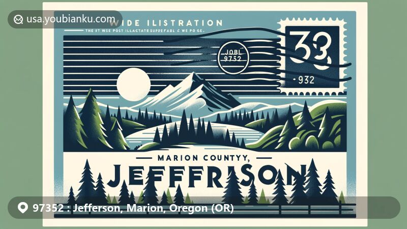 Modern illustration of Jefferson, Marion County, Oregon, creatively designed as a postcard with natural elements like forests and mountains, featuring ZIP code 97352 and postal details.