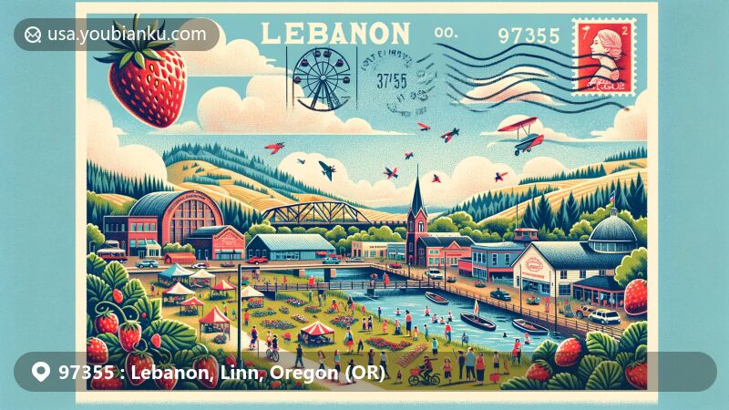 Modern illustration of Lebanon, Oregon, showcasing friendly small town vibes with outdoor activities, annual Strawberry Festival, and local landmarks like Elkins Flour Mill and Samaritan Lebanon Community Hospital.
