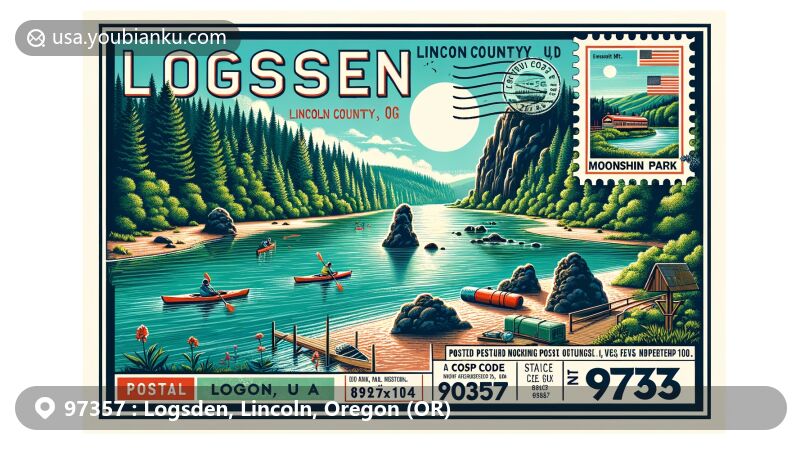 Modern illustration of Logsden, Lincoln County, Oregon, featuring scenic Siletz River and Moonshine Park with camping, kayaking, and fishing activities. Includes lush greenery, emerald waters, volcanic rock formations, small waterfall, vintage postcard layout, ZIP code 97357, Oregon state flag postage stamp, and postmark.