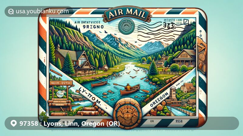 Modern illustration of Lyons, Linn, Oregon, highlighting scenic features and postal theme with ZIP code 97358, including the North Santiam River, Cascade Mountains, and local symbols like timber industry and community landmarks.