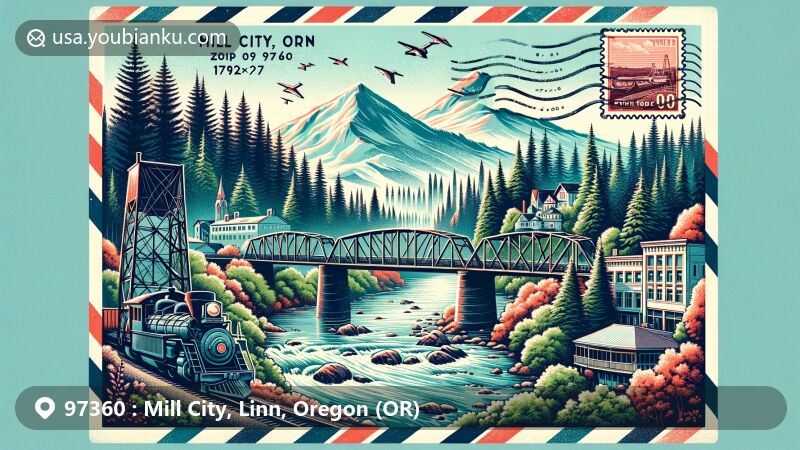 Modern illustration featuring Mill City, Oregon, with North Santiam River, Douglas fir trees, historic railroad bridge, and postal elements like stamp and ZIP code 97360.