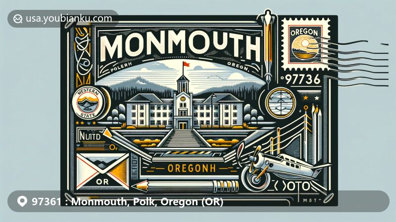 Creative postcard-style illustration of Monmouth, Polk, Oregon, featuring Western Oregon University, Oregon state flag, vintage air mail envelope, postage stamp, and postmark with ZIP code 97361.
