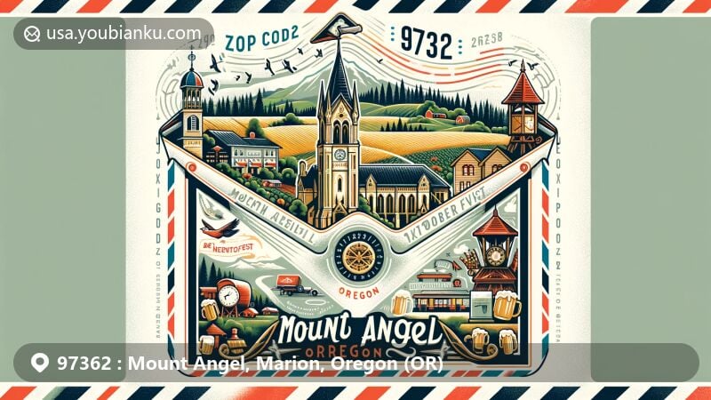 Modern illustration of Mount Angel, Oregon, featuring creative postal theme with vintage airmail envelope showcasing German heritage, Oktoberfest traditions, Mount Angel Abbey, and Oregon's lush greenery. Includes elements like beer mug and pretzel to represent Oktoberfest.