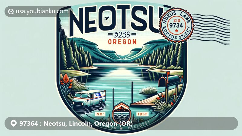 Modern illustration of Neotsu, Lincoln County, Oregon, featuring serene Devils Lake and postal theme with ZIP code 97364, incorporating stamps, postmarks, mail truck, and mailbox.