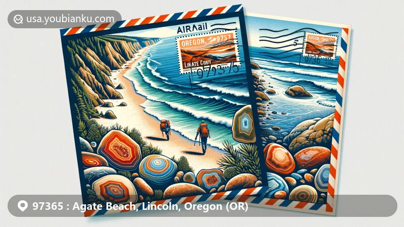 Modern illustration of Agate Beach, Lincoln County, Oregon, highlighting airmail envelope design with agates on the beach and ocean waves, featuring scenic coastal scenery and postal elements.