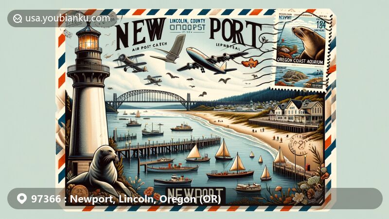 Modern illustration of Newport, Lincoln County, Oregon, depicting iconic Yaquina Bay Bridge and historic Yaquina Head Lighthouse, symbolizing gateway to the Pacific. Features vintage airmail envelope adorned with stamps representing Oregon Coast Aquarium and Hatfield Marine Science Center, highlighting Newport's connection to marine science and education. Includes sea lion art from Newport Sea Lion Docks, integrating coastal ecosystem into design.