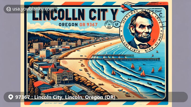 Modern illustration of Lincoln City, Oregon, showcasing stunning landscapes and postal theme with ZIP code 97367, including D River and Chinook Winds Casino.