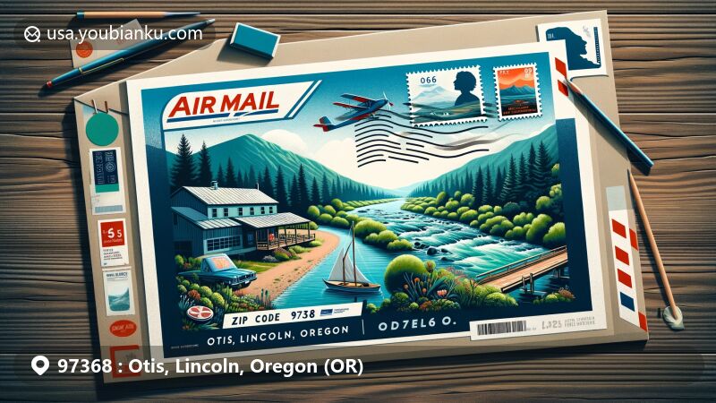 Modern illustration of Otis, Lincoln, Oregon, featuring scenic Salmon River, airmail envelope with ZIP code 97368, Sitka Center for Art and Ecology stamp, and rural community elements.