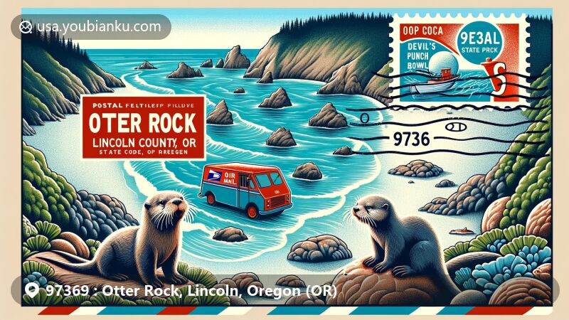 Creative illustration for ZIP code 97369, Otter Rock, Lincoln County, Oregon, featuring Devil's Punch Bowl State Natural Area and coastal elements like sea otters and tide pools.