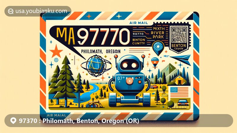 Modern illustration of Philomath, Benton County, Oregon (OR), featuring air mail envelope design with key elements of warm-summer Mediterranean climate, lush green surroundings, and Daxbot delivery robot, representing local innovation.