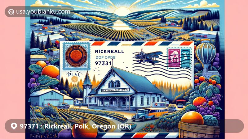 Modern illustration of Rickreall, Polk, Oregon, showcasing a postal theme with ZIP code 97371, featuring vintage air mail envelope, Rickreall Post Office, agricultural landscape, Polk County Fairgrounds, and Oregon state symbols.