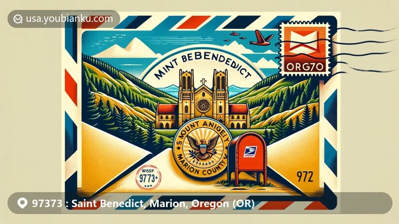 Modern illustration of Saint Benedict, Marion County, Oregon, featuring Mount Angel Abbey and postal theme with ZIP code 97373, framed within a vintage airmail envelope.
